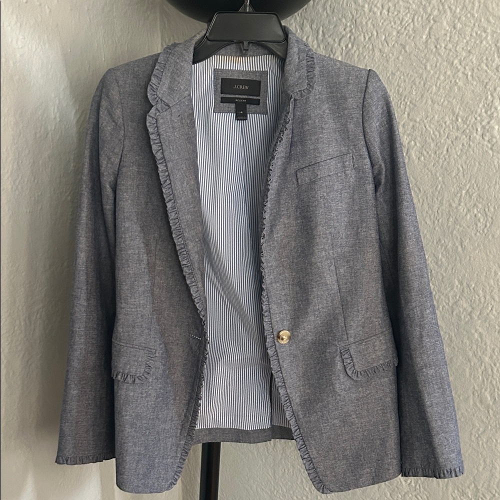 J. Crew Slate Blue Ruffle-Trim Chambray Blazer
